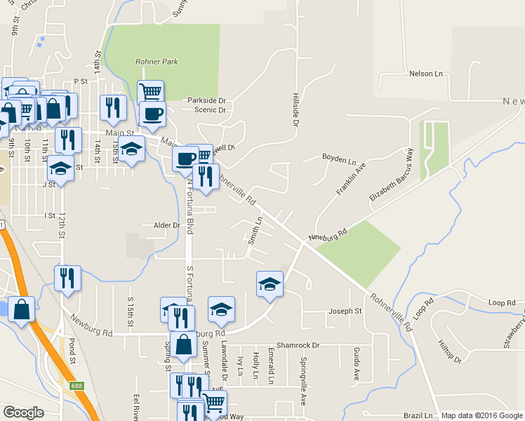 map of restaurants, bars, coffee shops, grocery stores, and more near Rohnerville Rd & Smith Ln in Fortuna