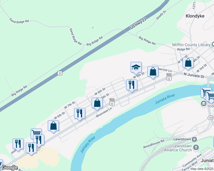 map of restaurants, bars, coffee shops, grocery stores, and more near 713 West 6th Street in Lewistown