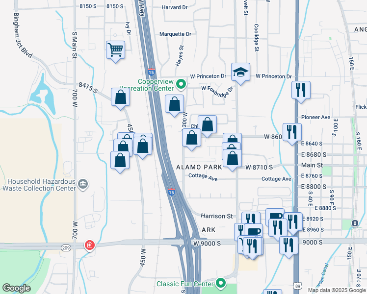 map of restaurants, bars, coffee shops, grocery stores, and more near 8636 Harrison Street in Sandy