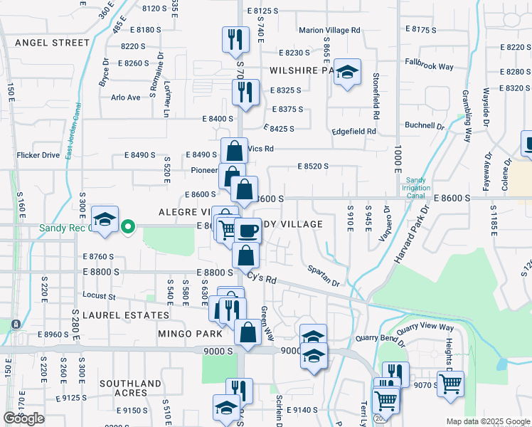 map of restaurants, bars, coffee shops, grocery stores, and more near 748 East 8620 South in Sandy