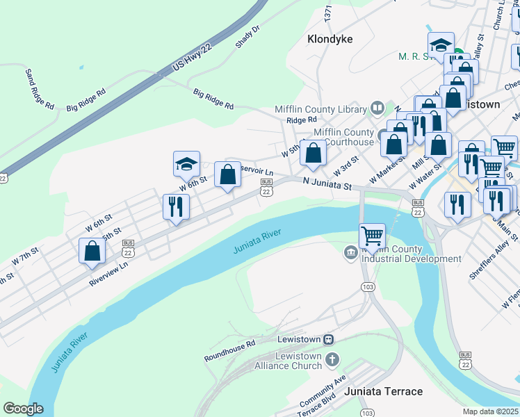 map of restaurants, bars, coffee shops, grocery stores, and more near 10 Richmond Court in Lewistown