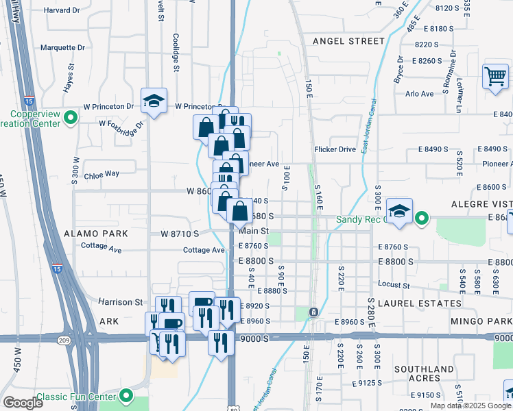 map of restaurants, bars, coffee shops, grocery stores, and more near 8653 South 40 East in Sandy