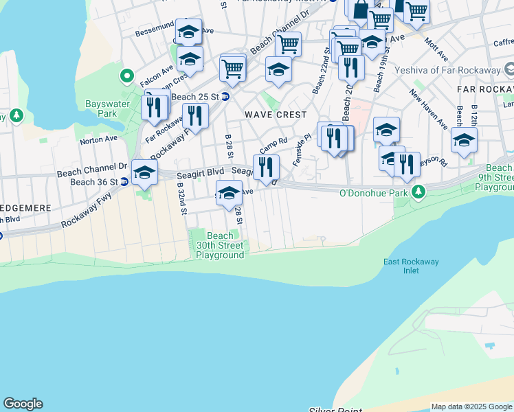 map of restaurants, bars, coffee shops, grocery stores, and more near 1-81 Beach 26th Street in Queens