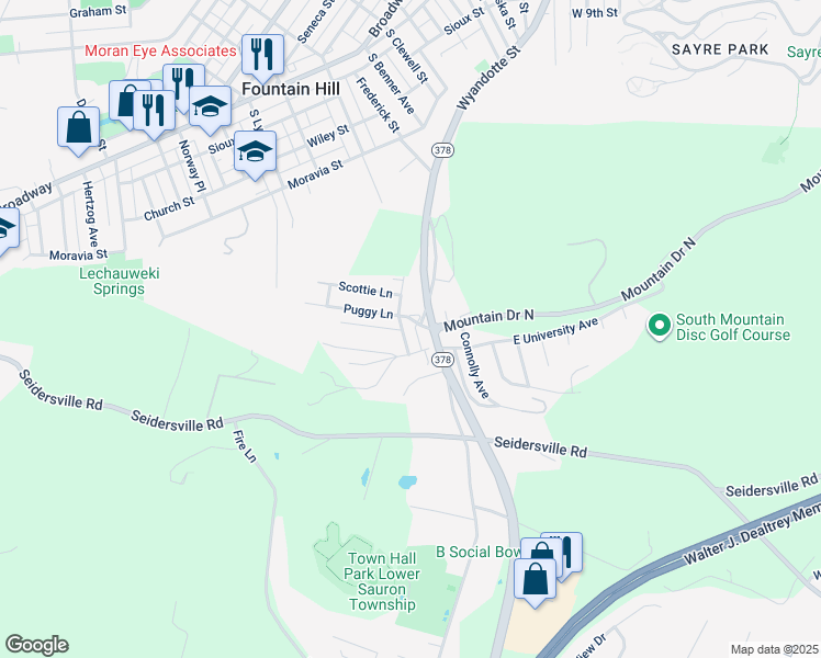 map of restaurants, bars, coffee shops, grocery stores, and more near 3820 Pennsylvania 378 in Bethlehem