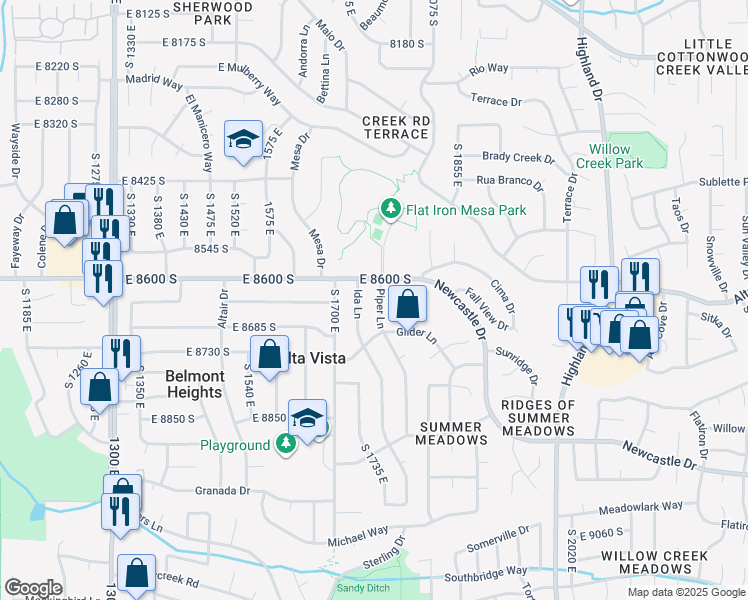 map of restaurants, bars, coffee shops, grocery stores, and more near 8638 Piper Lane in Sandy