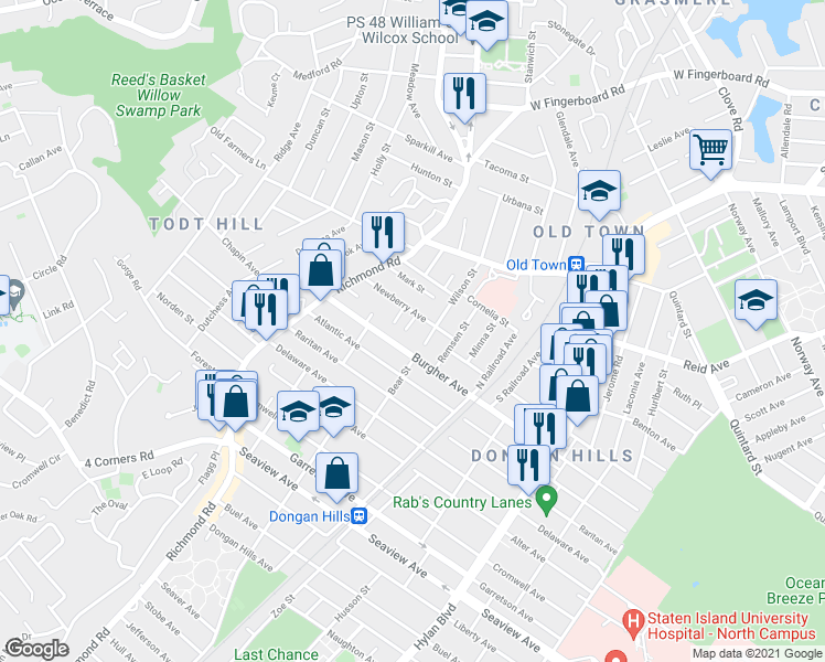 map of restaurants, bars, coffee shops, grocery stores, and more near 62 Newberry Avenue in Staten Island