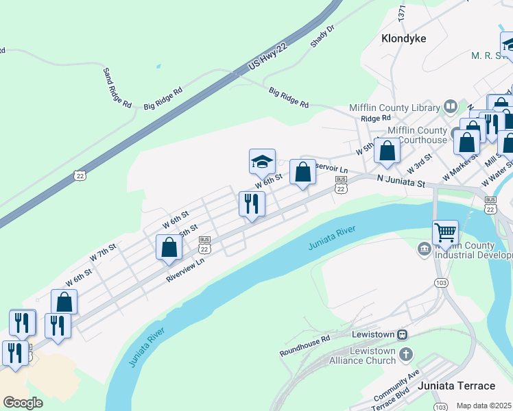 map of restaurants, bars, coffee shops, grocery stores, and more near 514-516 West 5th Street in Lewistown
