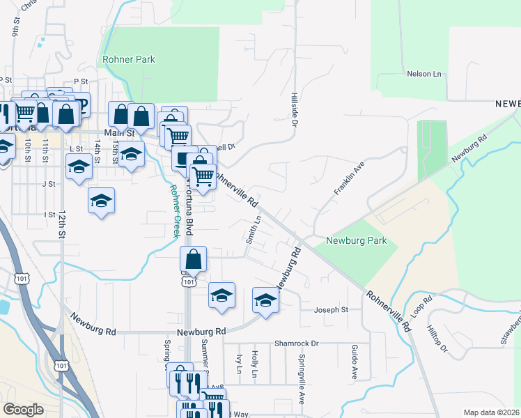 map of restaurants, bars, coffee shops, grocery stores, and more near 2348 South Rohnerville Road in Fortuna