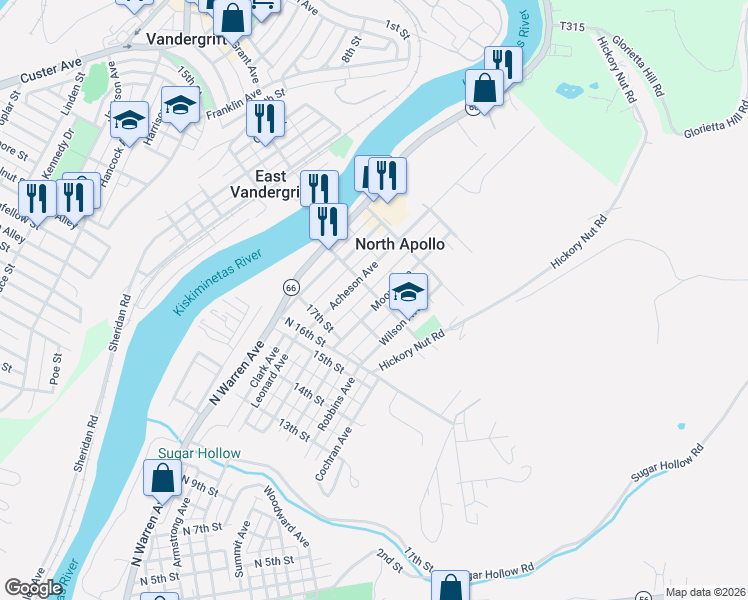 map of restaurants, bars, coffee shops, grocery stores, and more near 1727 Moore Avenue in North Apollo