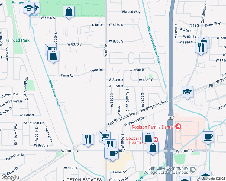 map of restaurants, bars, coffee shops, grocery stores, and more near 8647 South 3965 West in West Jordan