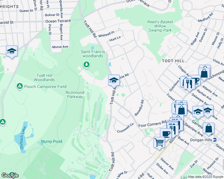 map of restaurants, bars, coffee shops, grocery stores, and more near 710 Todt Hill Road in Staten Island
