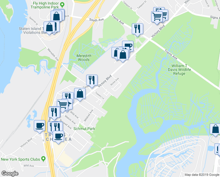 map of restaurants, bars, coffee shops, grocery stores, and more near 145 Ridgeway Avenue in Staten Island
