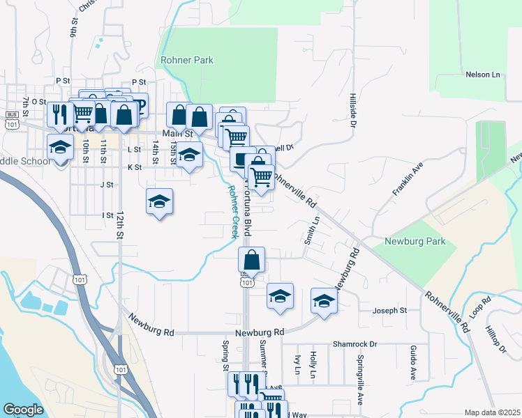 map of restaurants, bars, coffee shops, grocery stores, and more near 365 North Fortuna Boulevard in Fortuna