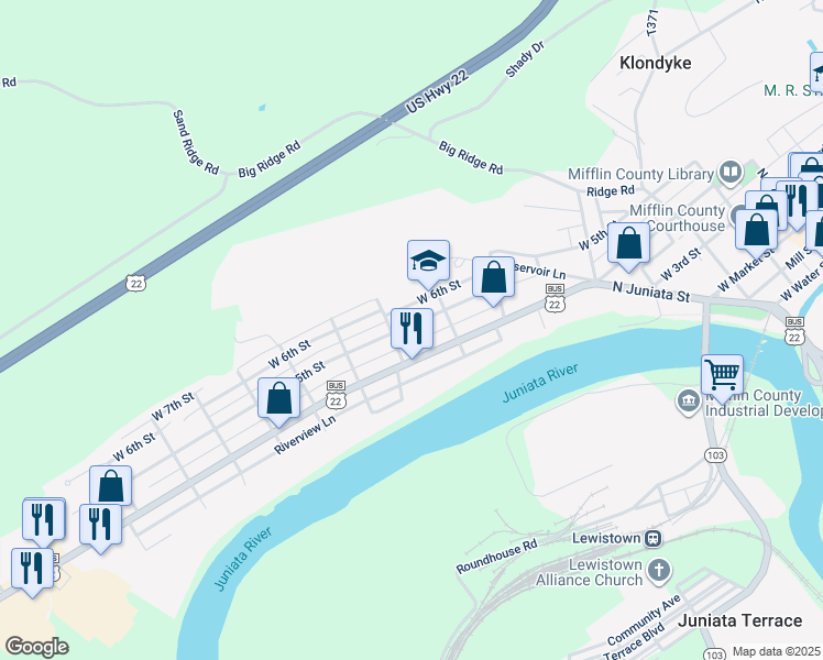 map of restaurants, bars, coffee shops, grocery stores, and more near 518 West 5th Street in Lewistown