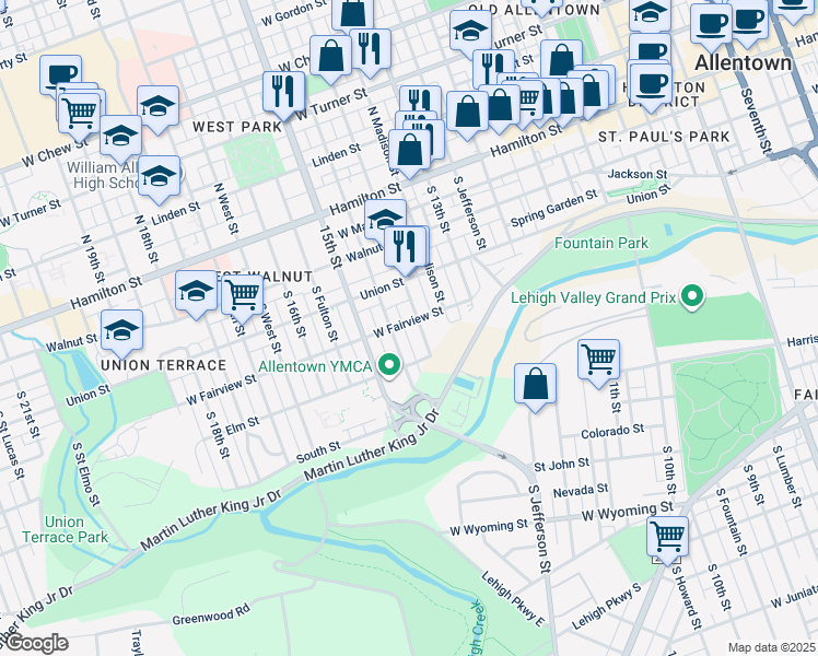 map of restaurants, bars, coffee shops, grocery stores, and more near 1410 West Fairview Street in Allentown