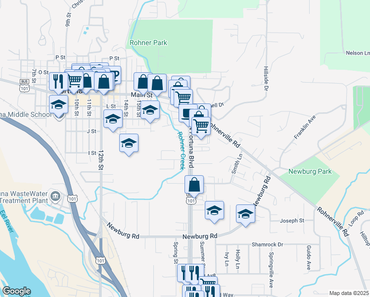 map of restaurants, bars, coffee shops, grocery stores, and more near 360 North Fortuna Boulevard in Fortuna
