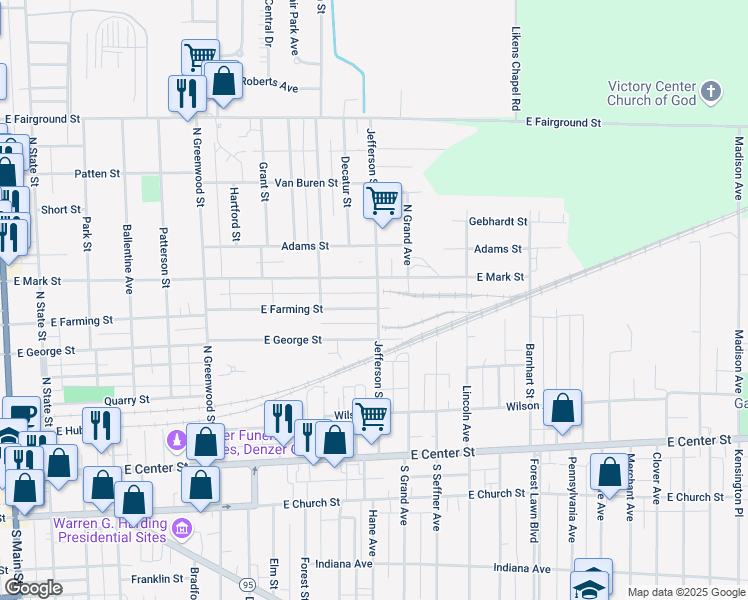 map of restaurants, bars, coffee shops, grocery stores, and more near 345 Jefferson Street in Marion