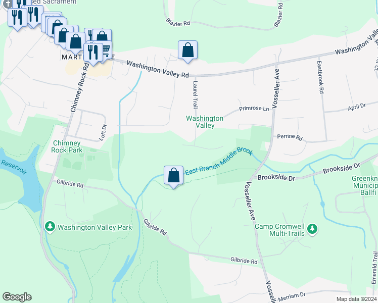 map of restaurants, bars, coffee shops, grocery stores, and more near 2076 Arbor Way in Bridgewater