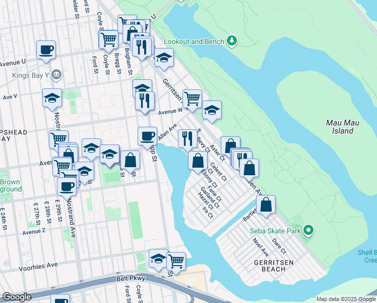 map of restaurants, bars, coffee shops, grocery stores, and more near 78 Ebony Court in Brooklyn