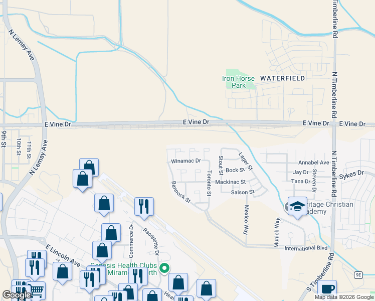 map of restaurants, bars, coffee shops, grocery stores, and more near 521 Walhalla Court in Fort Collins