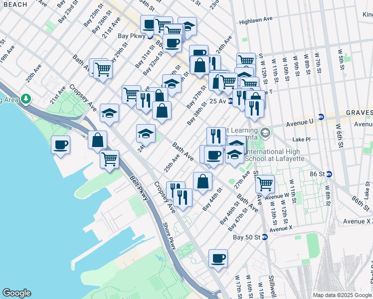 map of restaurants, bars, coffee shops, grocery stores, and more near 2505 Bath Avenue in Brooklyn