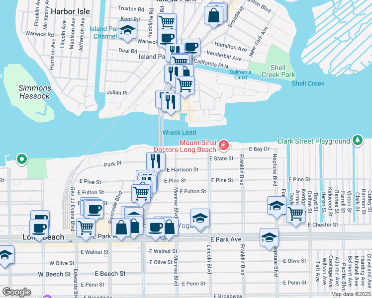 map of restaurants, bars, coffee shops, grocery stores, and more near 375 East Bay Drive in Long Beach