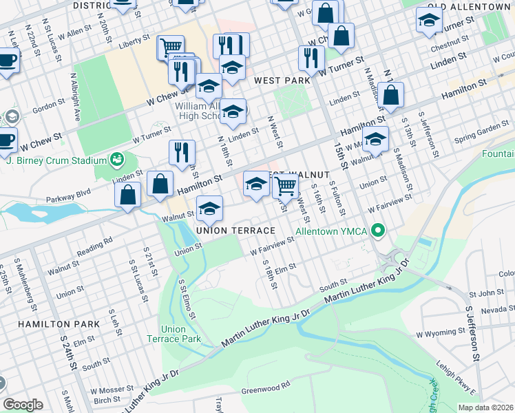 map of restaurants, bars, coffee shops, grocery stores, and more near 102 South Saint Cloud Street in Allentown