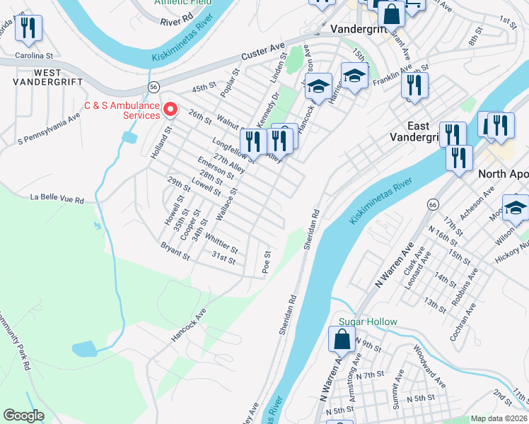map of restaurants, bars, coffee shops, grocery stores, and more near 120 Lowell Street in Vandergrift