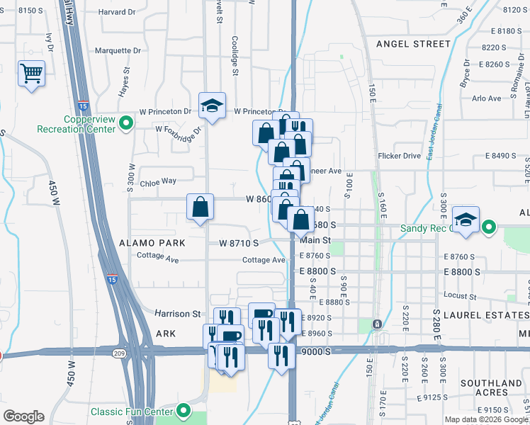 map of restaurants, bars, coffee shops, grocery stores, and more near 8629 Brit Circle in Midvale