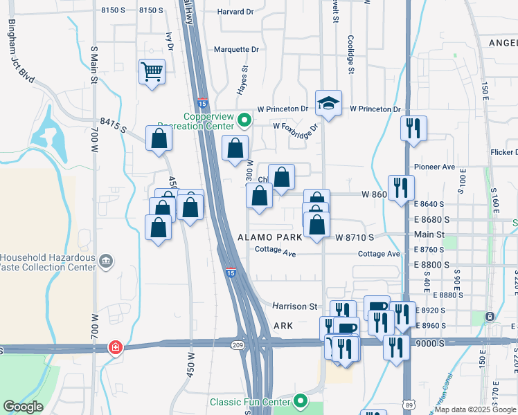 map of restaurants, bars, coffee shops, grocery stores, and more near 8637 Harrison Street in Sandy