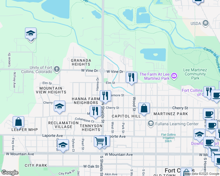 map of restaurants, bars, coffee shops, grocery stores, and more near 527 West Street in Fort Collins