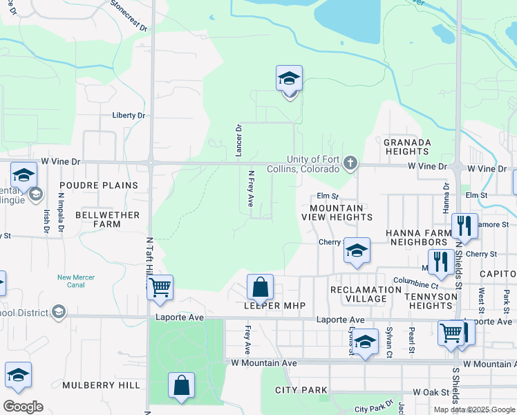 map of restaurants, bars, coffee shops, grocery stores, and more near 514 North Frey Avenue in Fort Collins