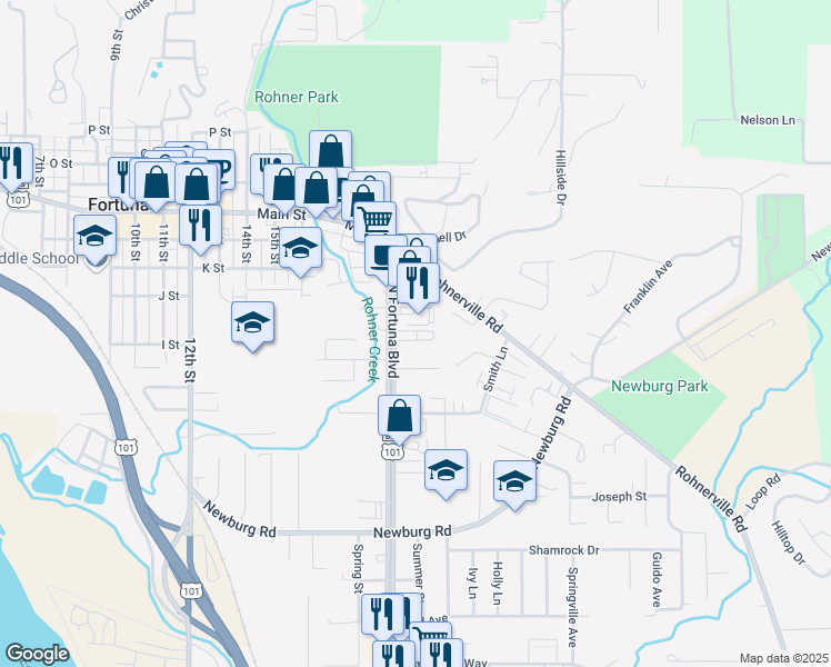 map of restaurants, bars, coffee shops, grocery stores, and more near 365 North Fortuna Boulevard in Fortuna