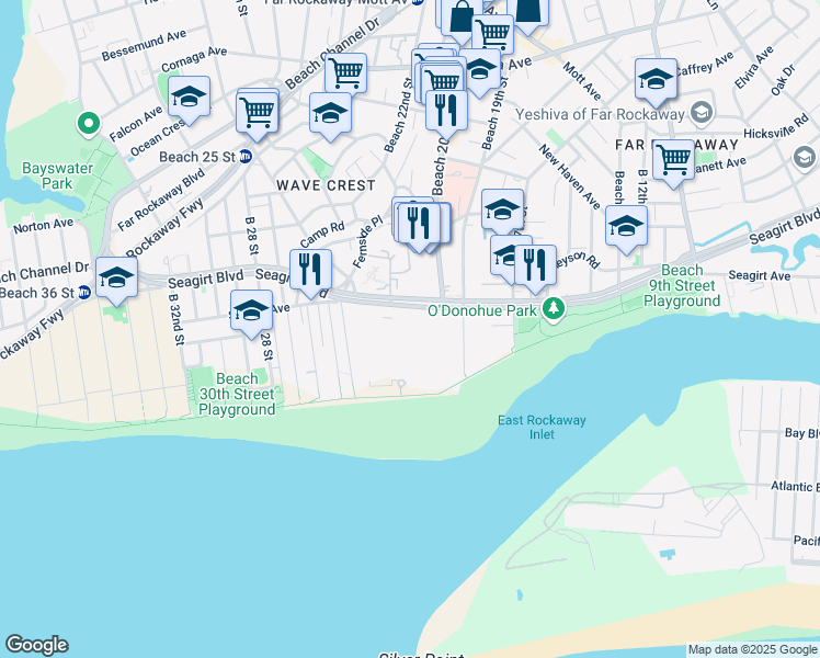 map of restaurants, bars, coffee shops, grocery stores, and more near 20-25 Seagirt Boulevard in Queens