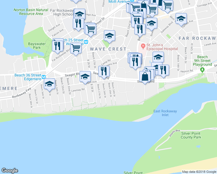 map of restaurants, bars, coffee shops, grocery stores, and more near 183 Beach 24th Street in Queens