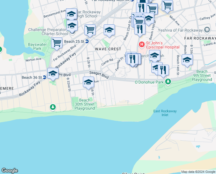 map of restaurants, bars, coffee shops, grocery stores, and more near 183 Beach 24th Street in Queens