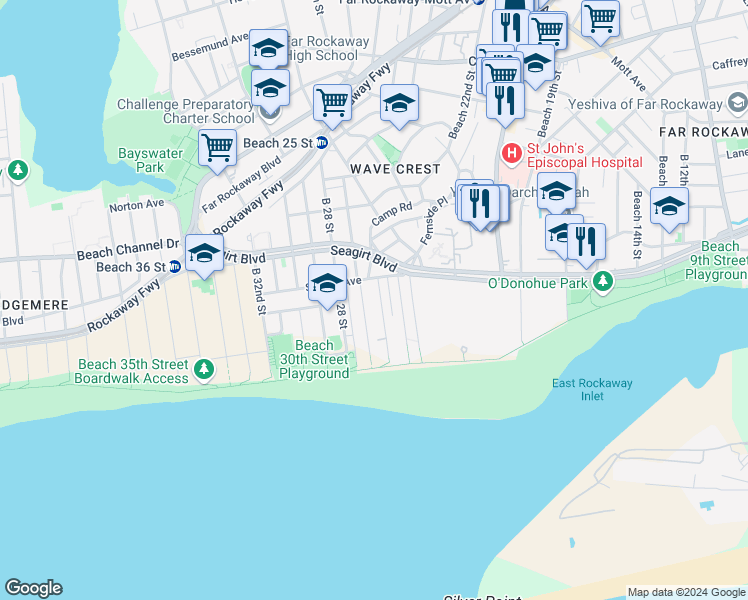map of restaurants, bars, coffee shops, grocery stores, and more near 1-81 Beach 26th Street in Queens
