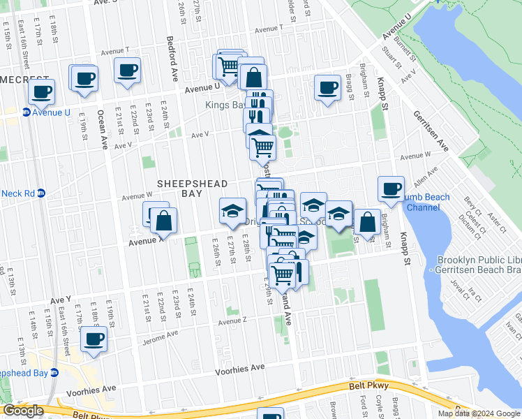 map of restaurants, bars, coffee shops, grocery stores, and more near 3670 Nostrand Avenue in Brooklyn