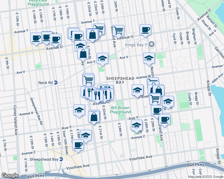 map of restaurants, bars, coffee shops, grocery stores, and more near 2328 East 24th Street in Brooklyn