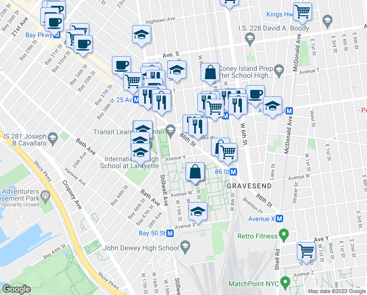 map of restaurants, bars, coffee shops, grocery stores, and more near 2160 West 12th Street in Brooklyn