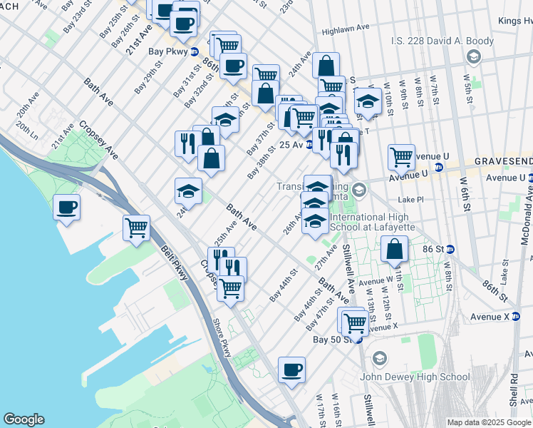 map of restaurants, bars, coffee shops, grocery stores, and more near 139 Bay 40th Street in Brooklyn