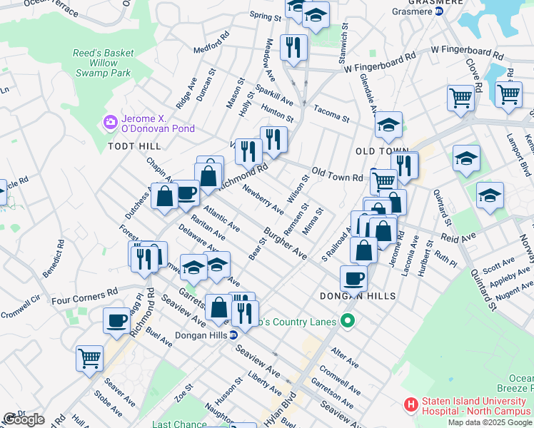 map of restaurants, bars, coffee shops, grocery stores, and more near 62 Newberry Avenue in Staten Island