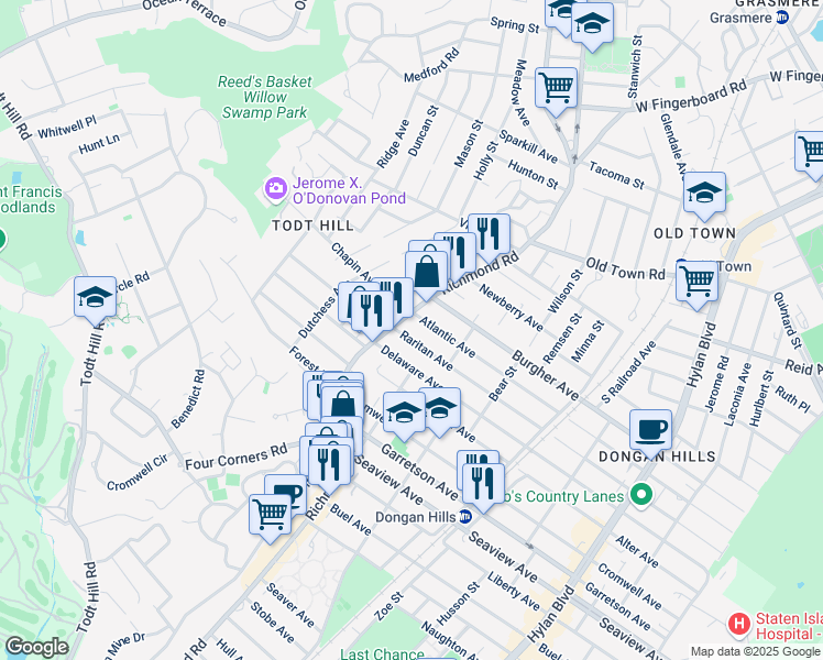 map of restaurants, bars, coffee shops, grocery stores, and more near 1412 Richmond Road in Staten Island