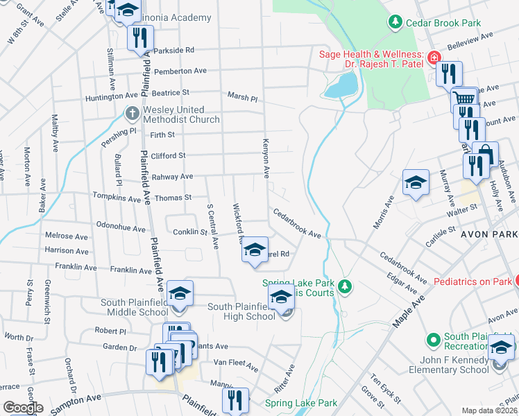 map of restaurants, bars, coffee shops, grocery stores, and more near 1736 Kenyon Avenue in South Plainfield