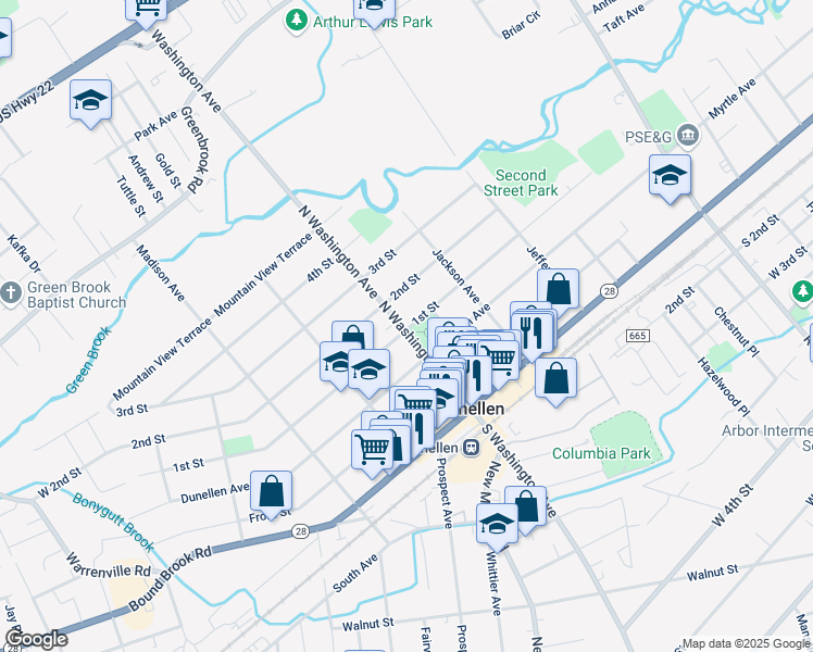 map of restaurants, bars, coffee shops, grocery stores, and more near 409 North Washington Avenue in Dunellen