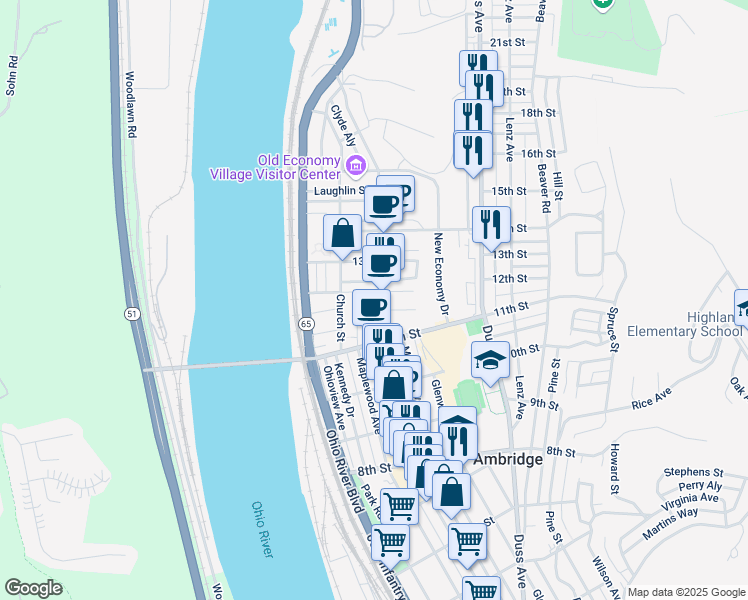map of restaurants, bars, coffee shops, grocery stores, and more near 1154 Merchant Street in Ambridge