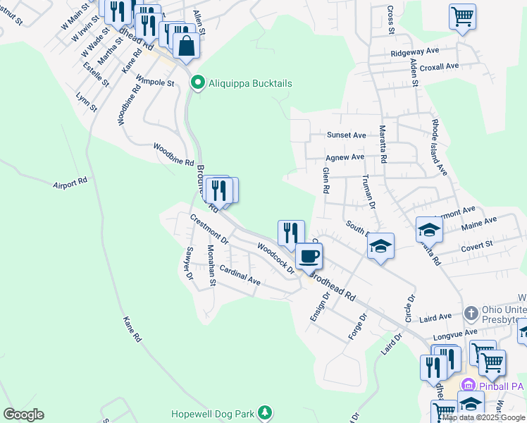 map of restaurants, bars, coffee shops, grocery stores, and more near 2438 Brodhead Road in Aliquippa
