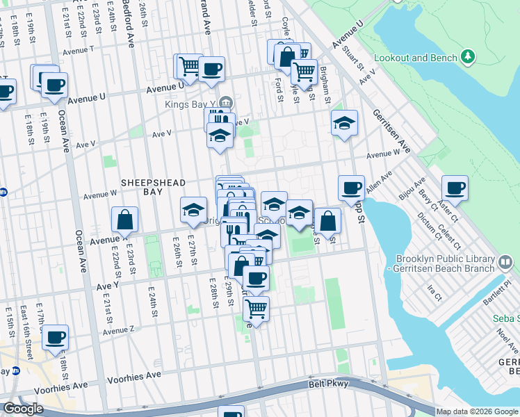 map of restaurants, bars, coffee shops, grocery stores, and more near 2953 Avenue X in Brooklyn
