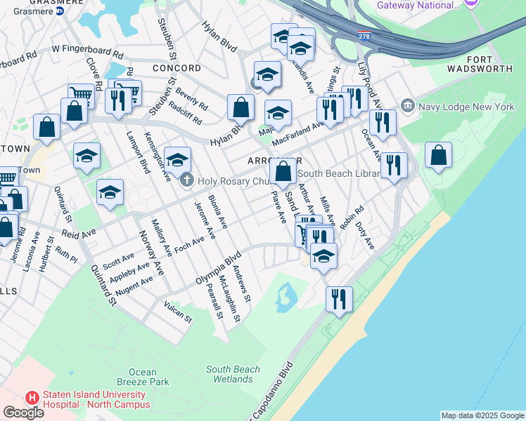 map of restaurants, bars, coffee shops, grocery stores, and more near in Staten Island