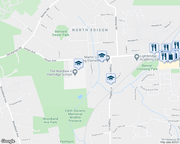 map of restaurants, bars, coffee shops, grocery stores, and more near 61 Laurel Hollow Court in Edison